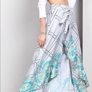 White, green, Paisley High-waist ruffle pants